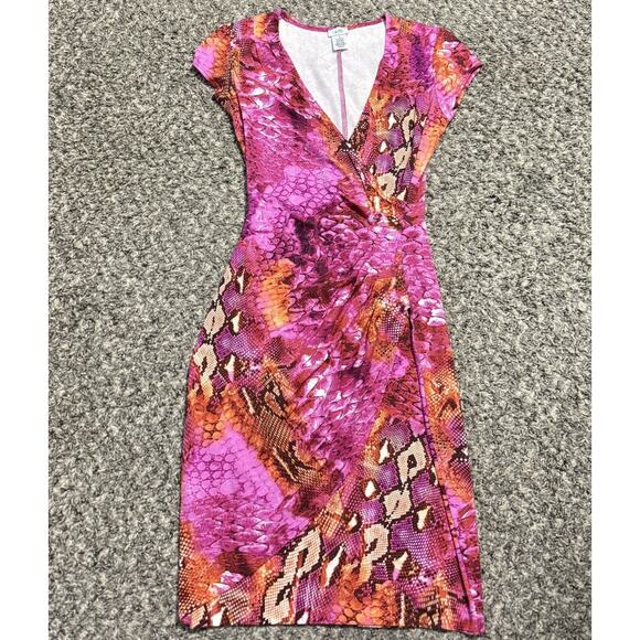 VTG Y2K Cache Bodycon Dress Stretch Ruched Size S Pink Animal Prints 90s Sexy - Picture 1 of 10